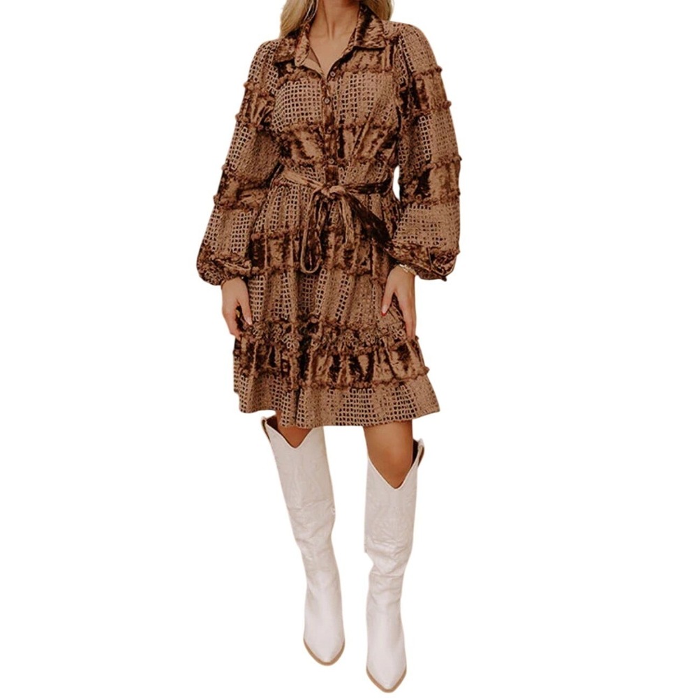 Impressions Brown Velvet Crochet Pom Pom Button Down Belted Mini Dress L NWOT